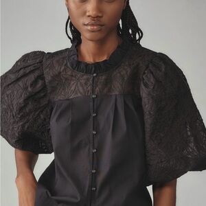 Anthropologie Maeve Puff Sleeve Embroidered Button Front Blouse Black XL